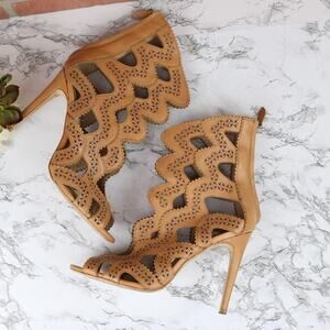 Zara Tan Brown Leather Cut Out Zig Zag Peep Toe Ankle Boot Heels 41 Women's